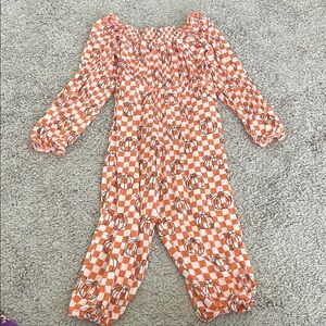 Dream Big Little Orange Checkered Pumpkin Long Sleeve Romper